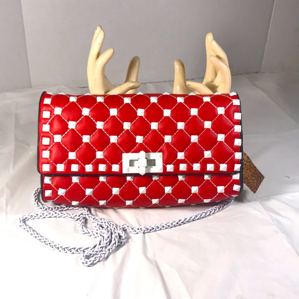 Amen Wardy Red Quilted Leather White Metal Studded Fold Over Shoulder Bag Clutch